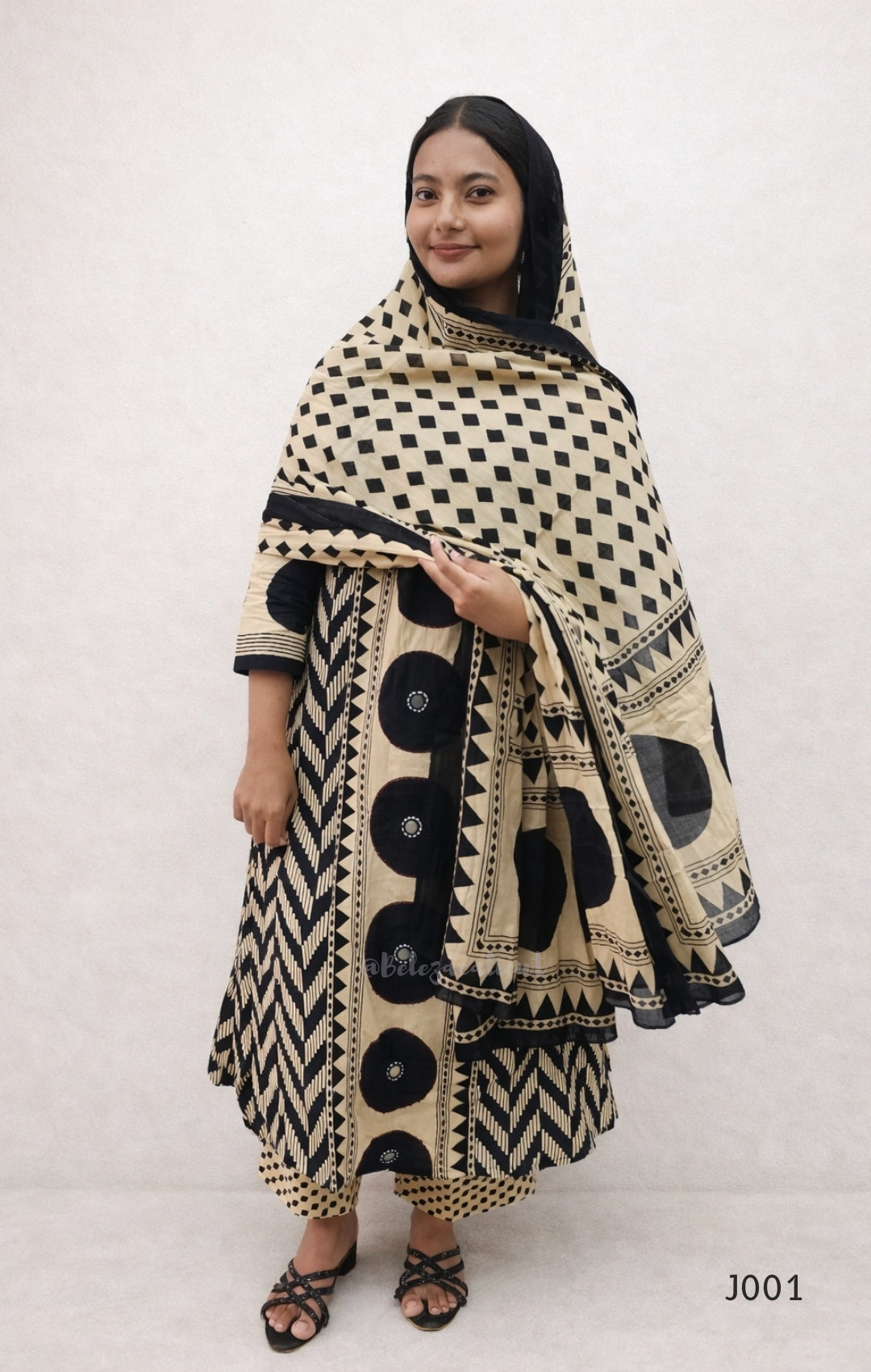 Beige & Black Cotton Printed Straight Kurta Set with Dupatta