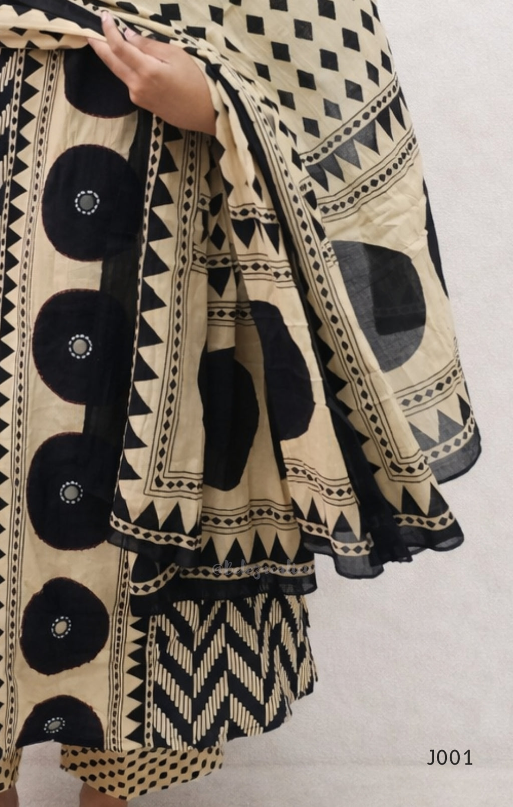 Beige & Black Cotton Printed Straight Kurta Set with Dupatta