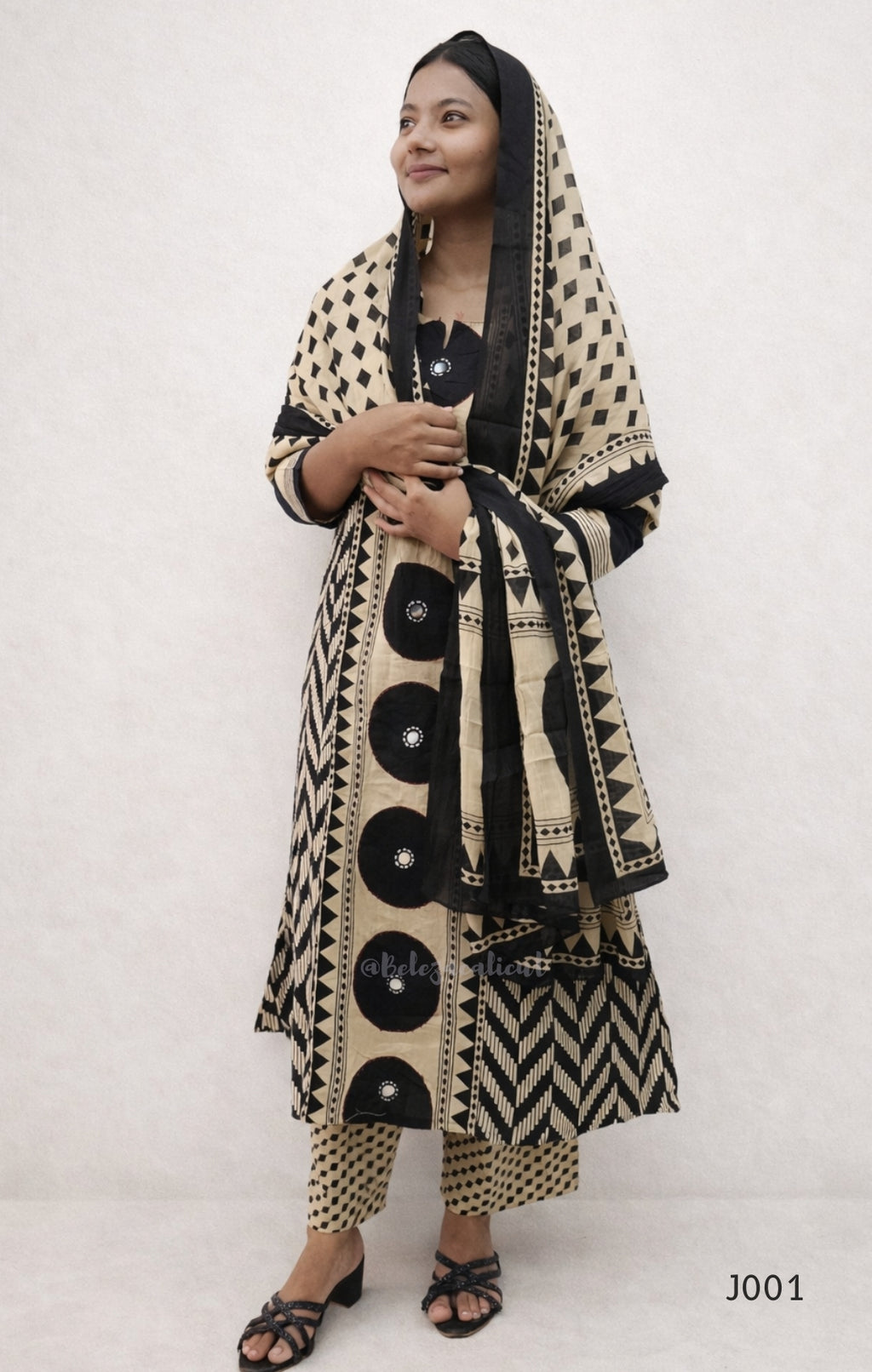 Beige & Black Cotton Printed Straight Kurta Set with Dupatta