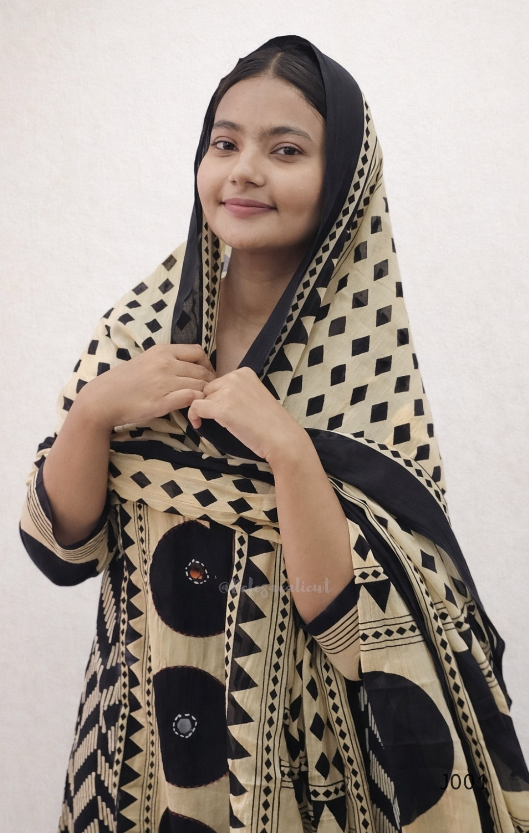 Beige & Black Cotton Printed Straight Kurta Set with Dupatta