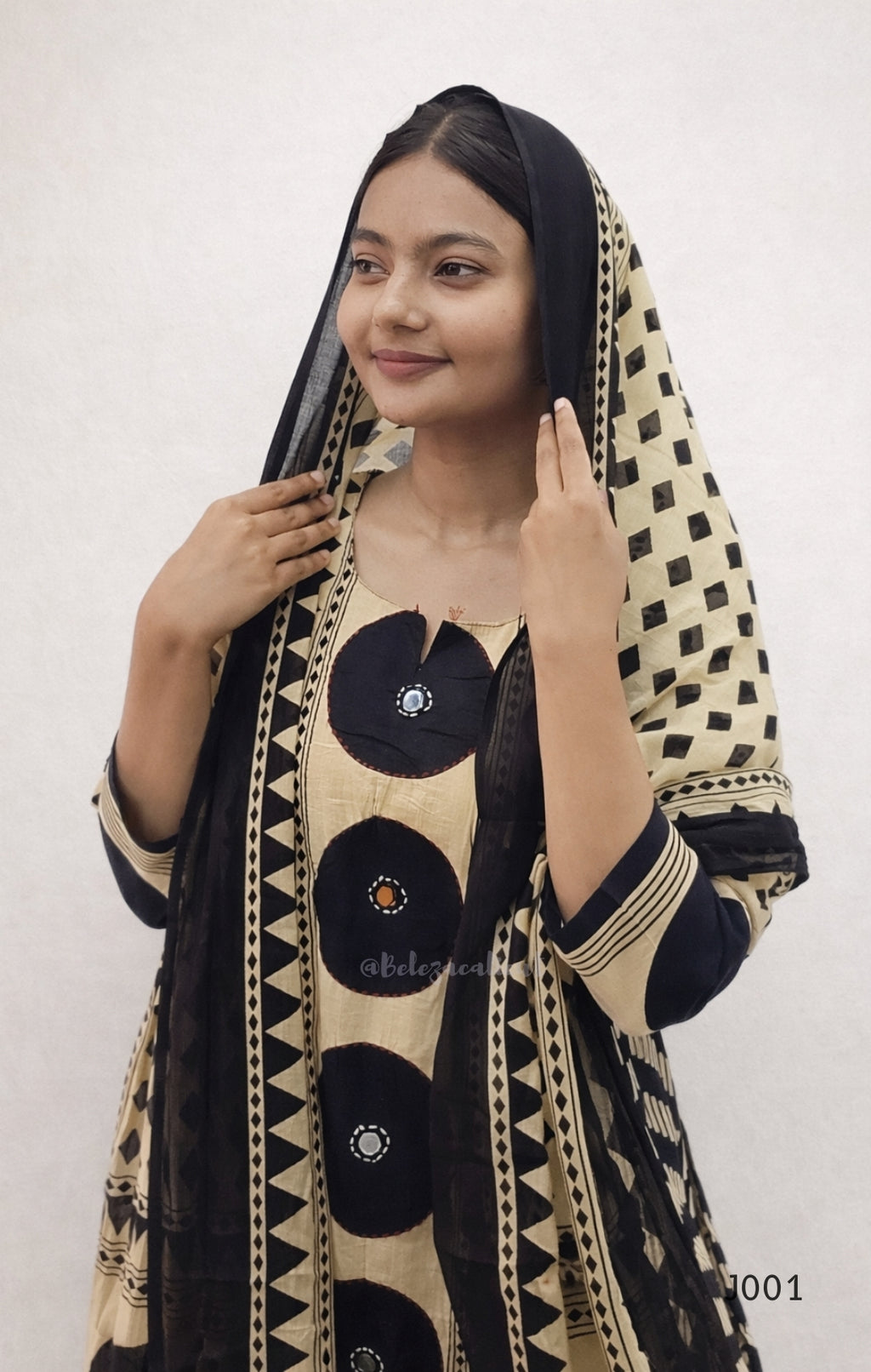 Beige & Black Cotton Printed Straight Kurta Set with Dupatta
