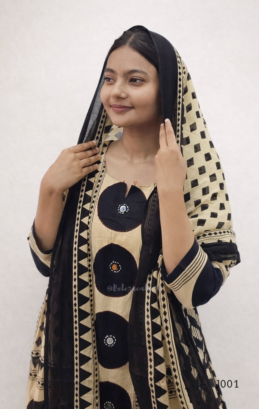 Beige & Black Cotton Printed Straight Kurta Set with Dupatta