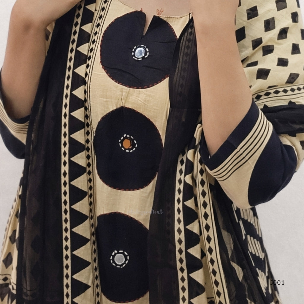Beige & Black Cotton Printed Straight Kurta Set with Dupatta