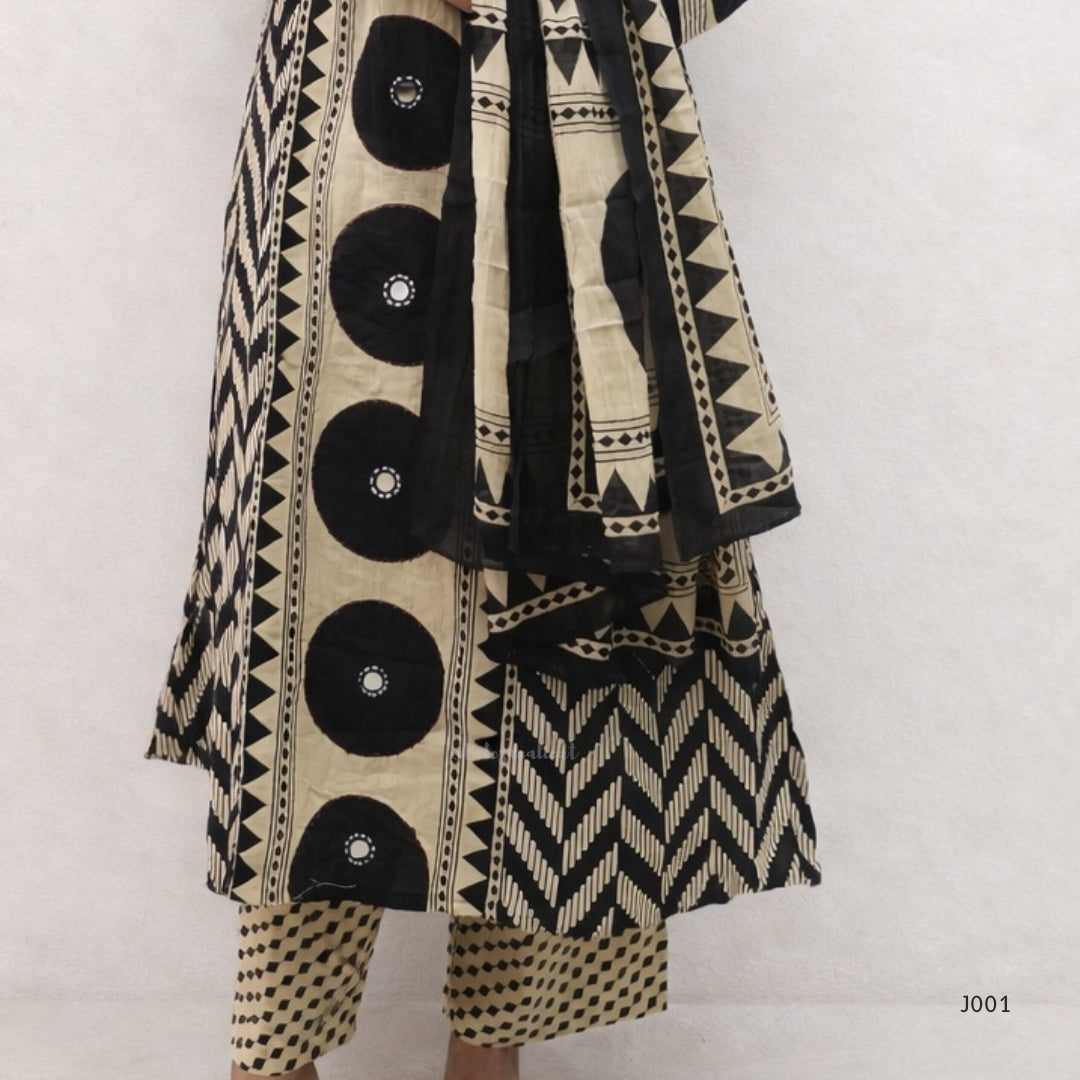 Beige & Black Cotton Printed Straight Kurta Set with Dupatta