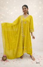 Woman wearing a yellow traditional outfit with a matching dupatta on a white background