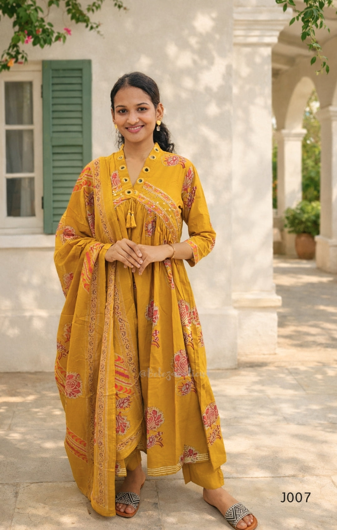Mustard Yellow Pure Cotton Printed Kurta Set with Dupatta