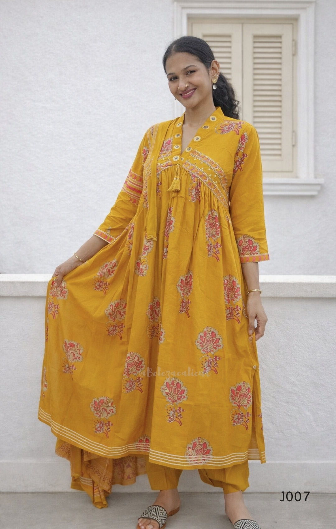 Mustard Yellow Pure Cotton Printed Kurta Set with Dupatta