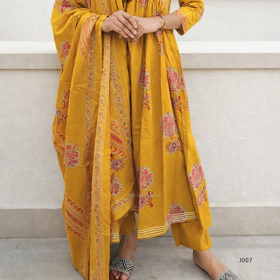 Mustard Yellow Pure Cotton Printed Kurta Set with Dupatta
