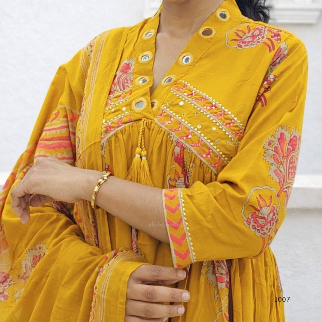 Mustard Yellow Pure Cotton Printed Kurta Set with Dupatta