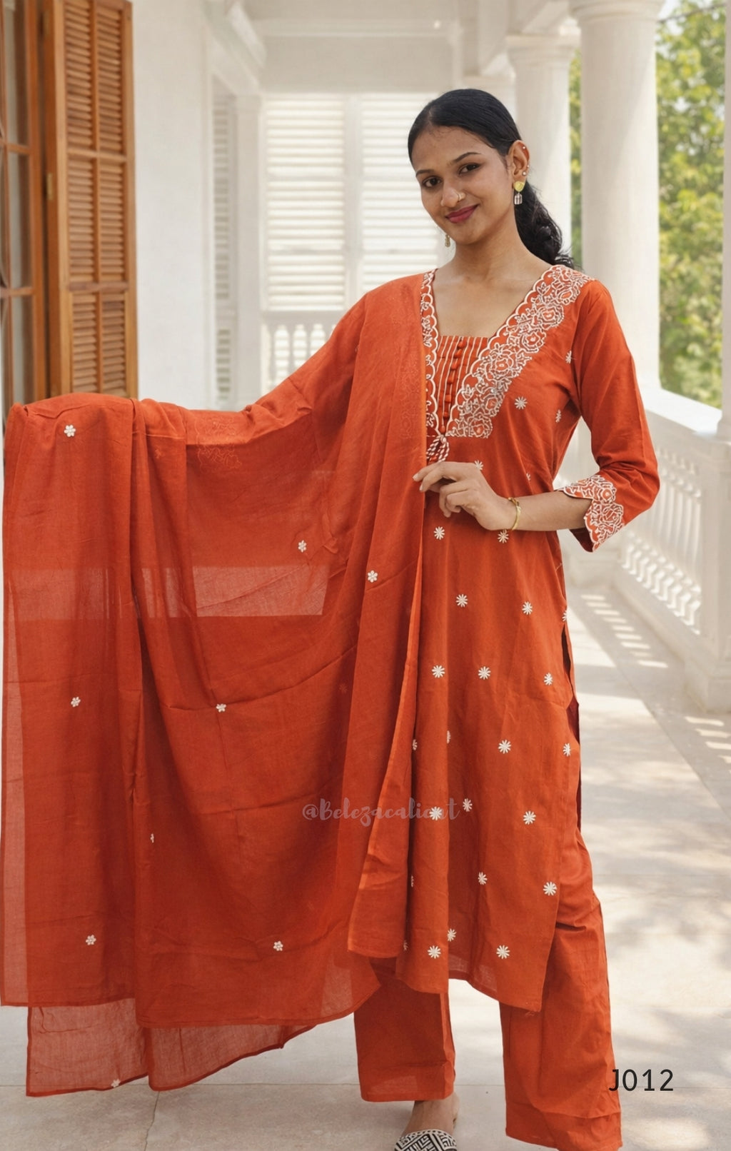 Rust Orange Cotton Embroidered Straight Kurta Set with Dupatta