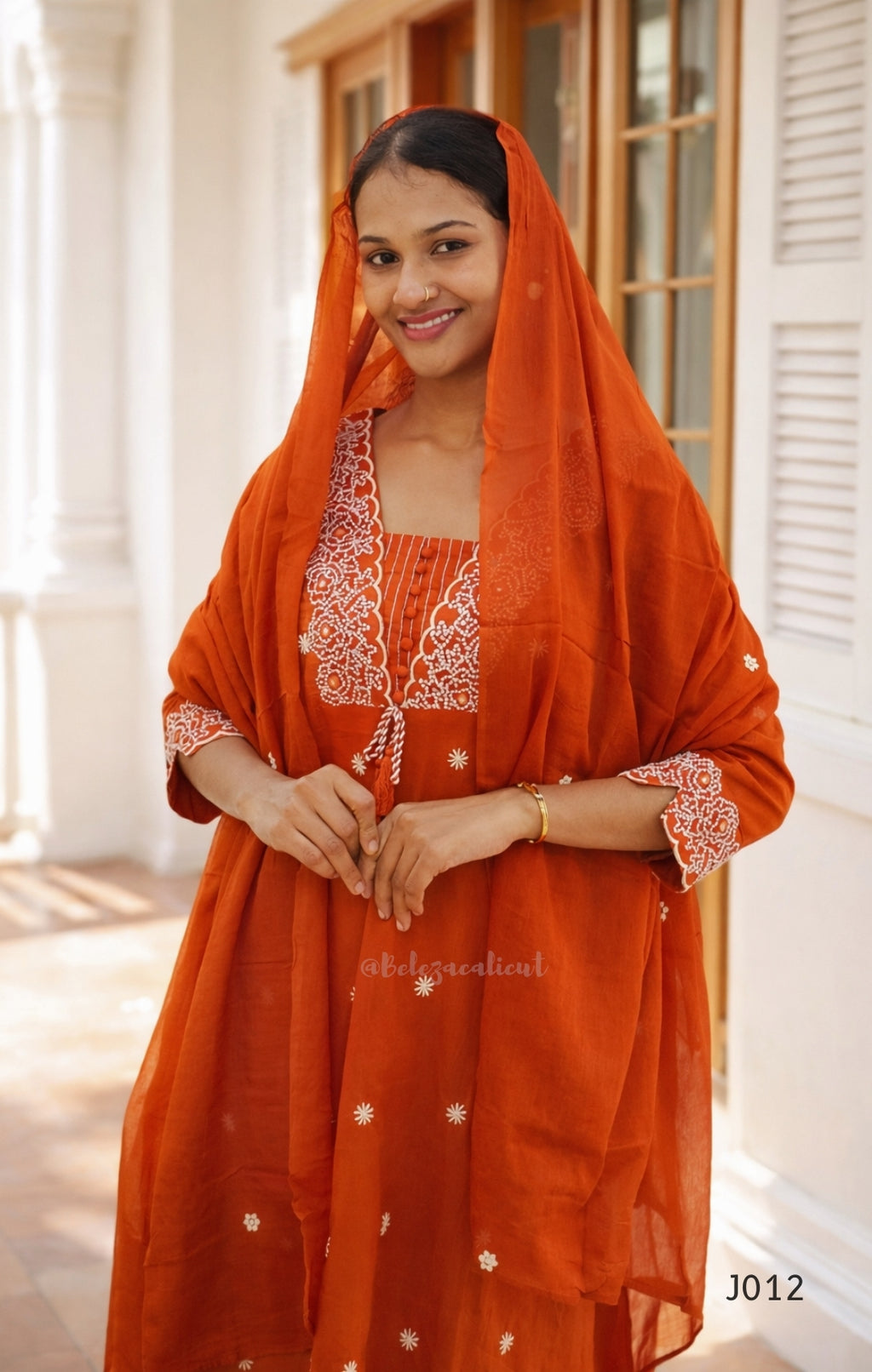 Rust Orange Cotton Embroidered Straight Kurta Set with Dupatta