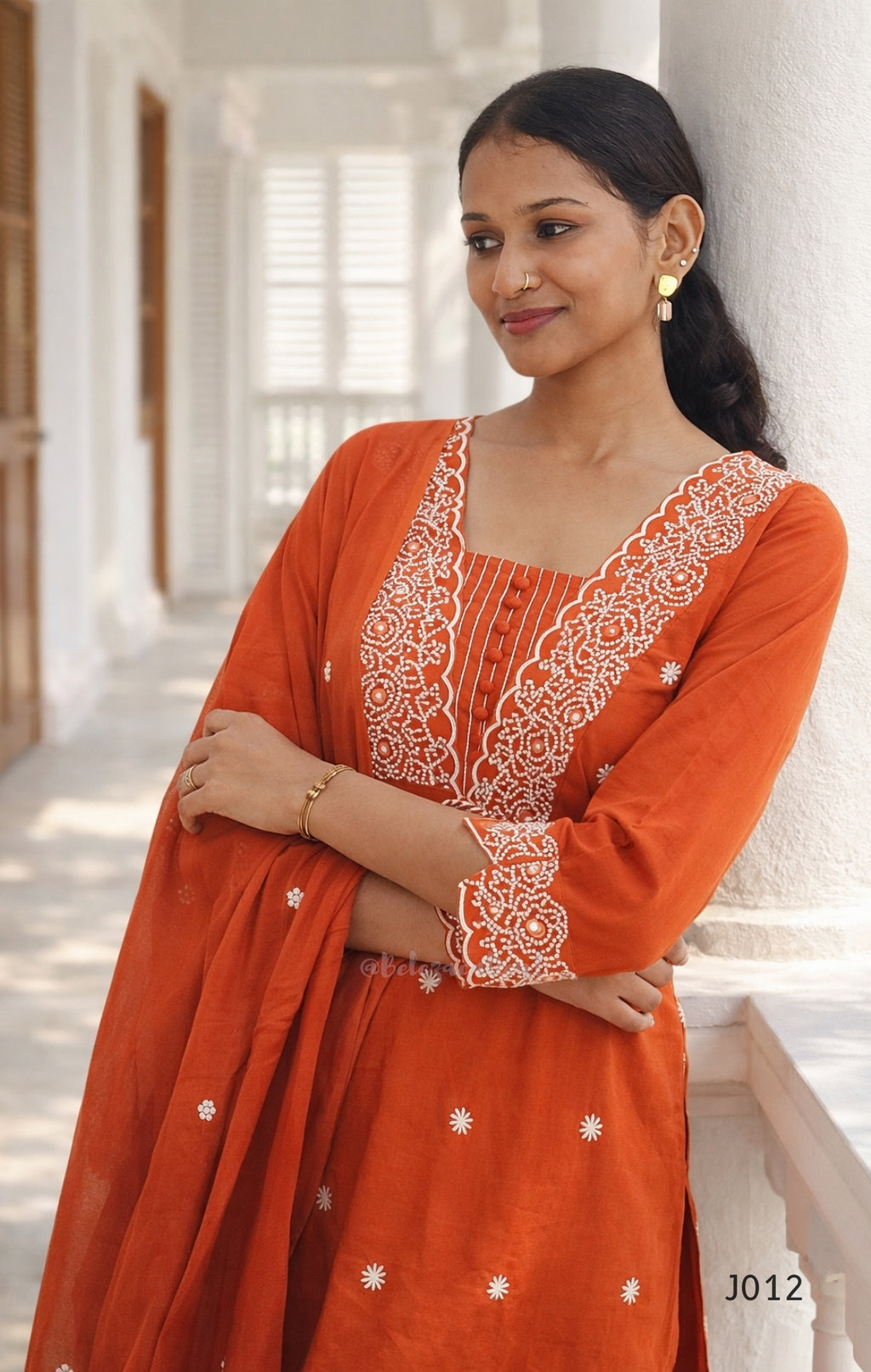 Rust Orange Cotton Embroidered Straight Kurta Set with Dupatta