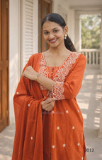Rust Orange Cotton Embroidered Straight Kurta Set with Dupatta