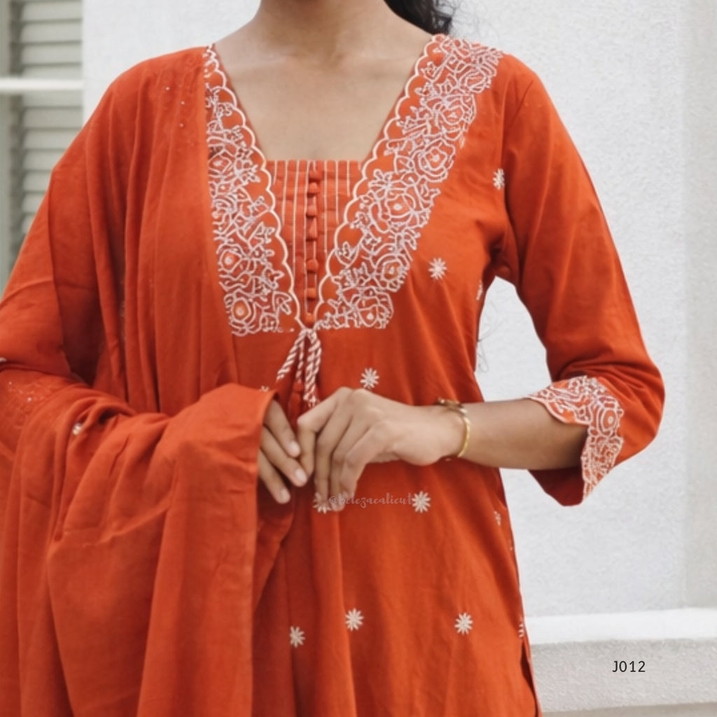 Rust Orange Cotton Embroidered Straight Kurta Set with Dupatta