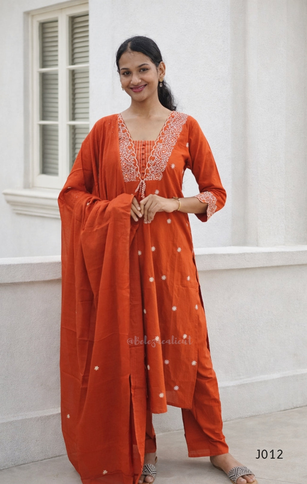 Rust Orange Cotton Embroidered Straight Kurta Set with Dupatta