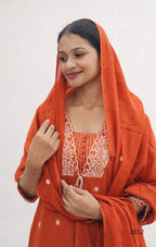 Rust Orange Cotton Embroidered Straight Kurta Set with Dupatta