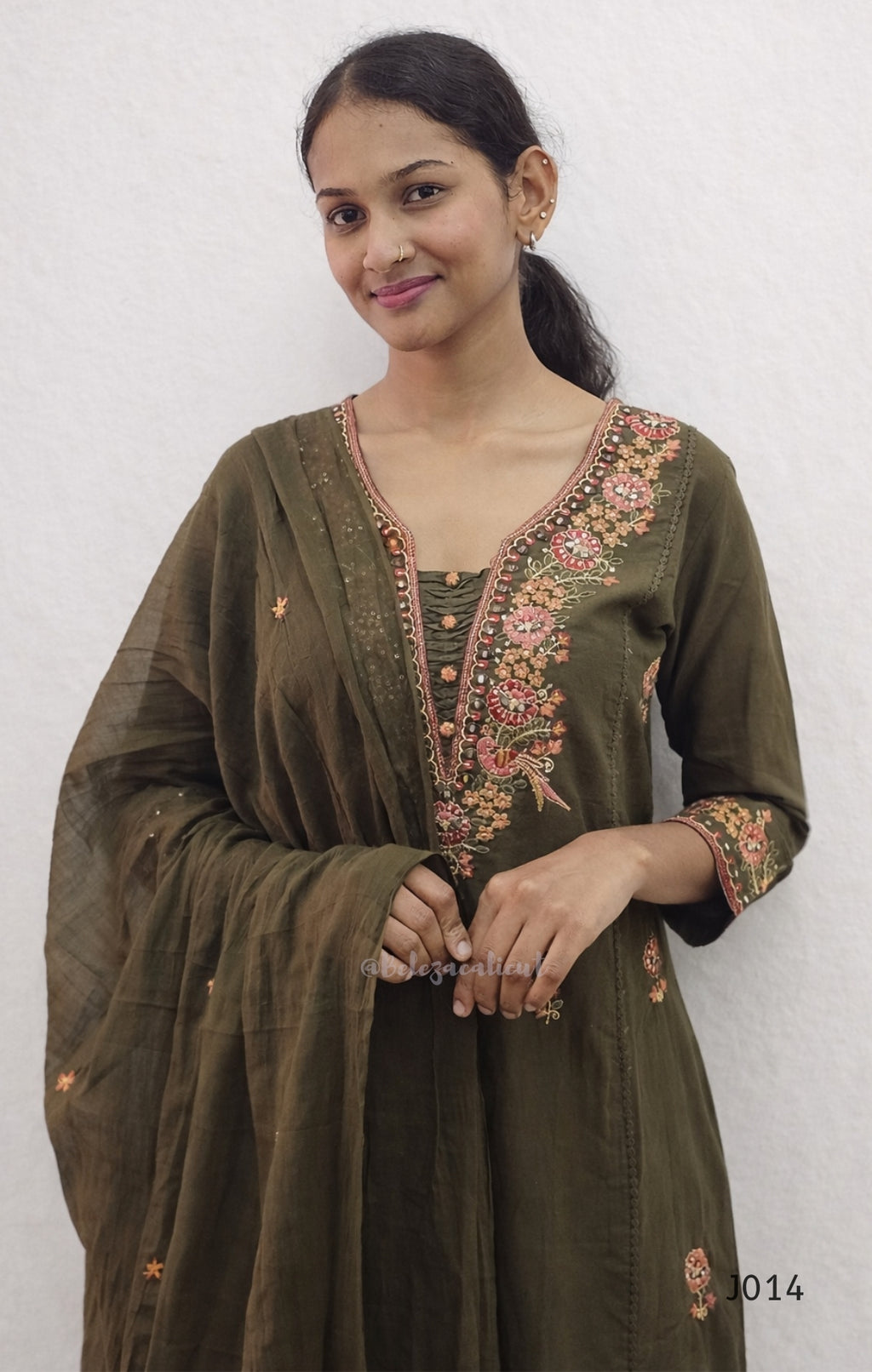 Olive Green Cotton Kurta Set with Embroidered Yoke