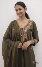 Olive Green Cotton Kurta Set with Embroidered Yoke
