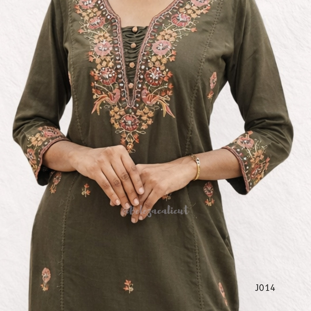 Olive Green Cotton Kurta Set with Embroidered Yoke