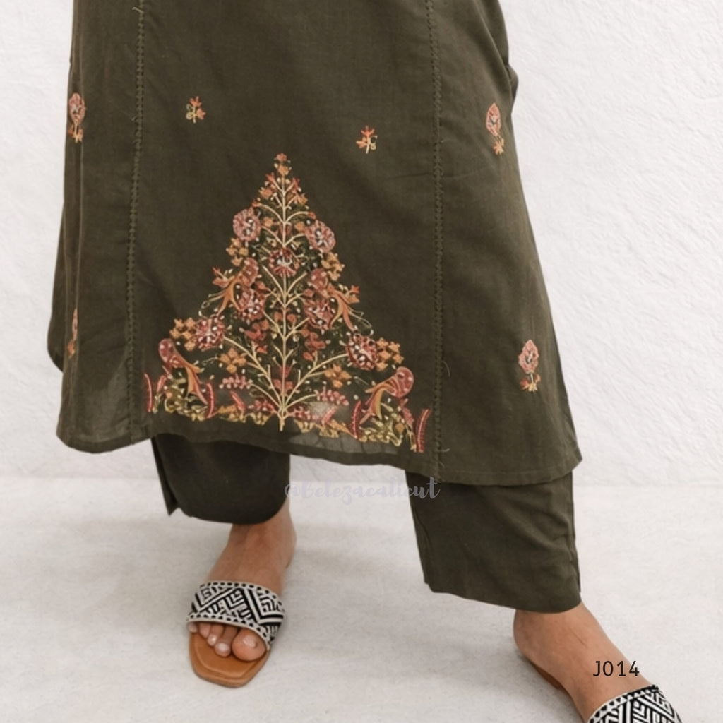 Olive Green Cotton Kurta Set with Embroidered Yoke