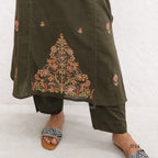 Olive Green Cotton Kurta Set with Embroidered Yoke