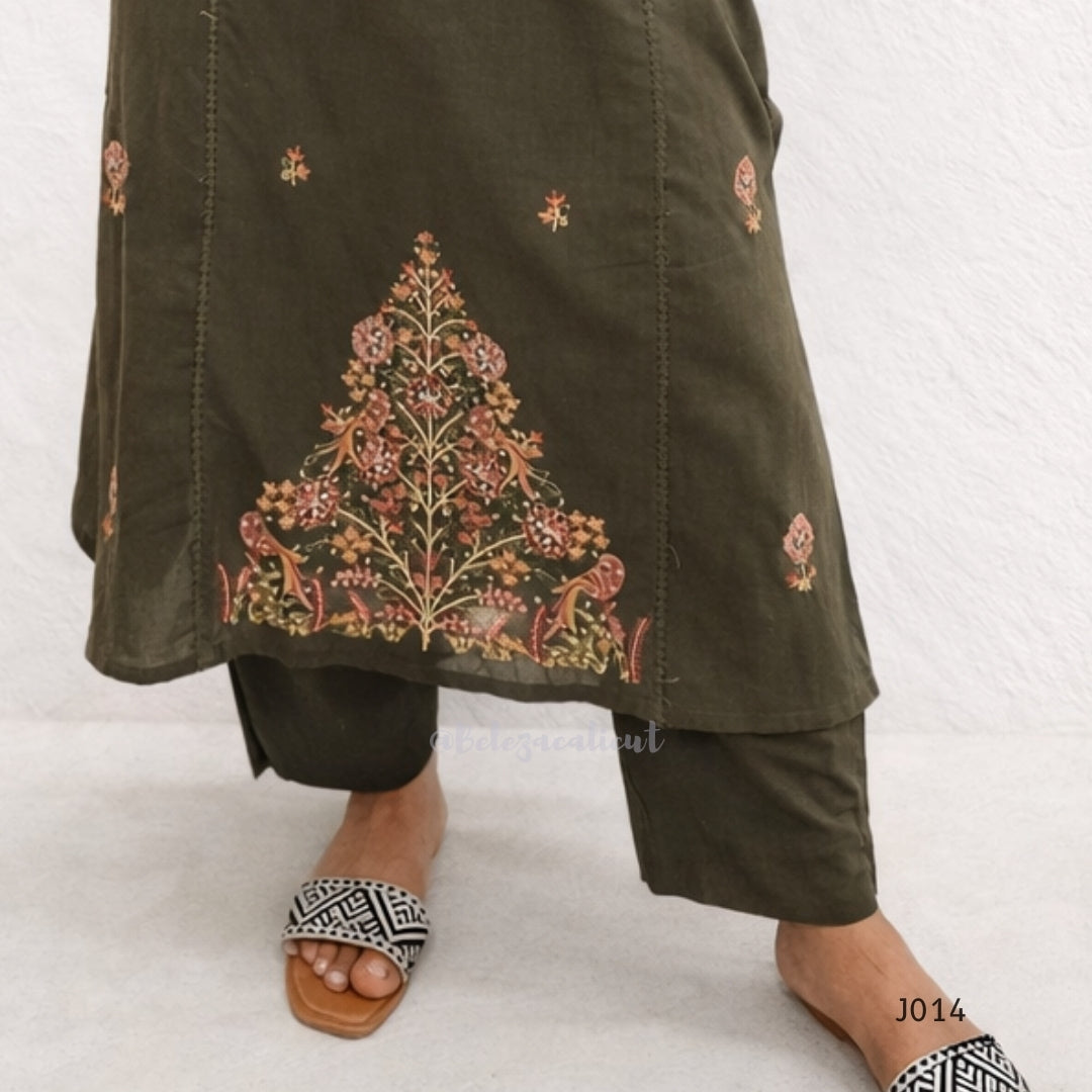 Olive Green Cotton Kurta Set with Embroidered Yoke