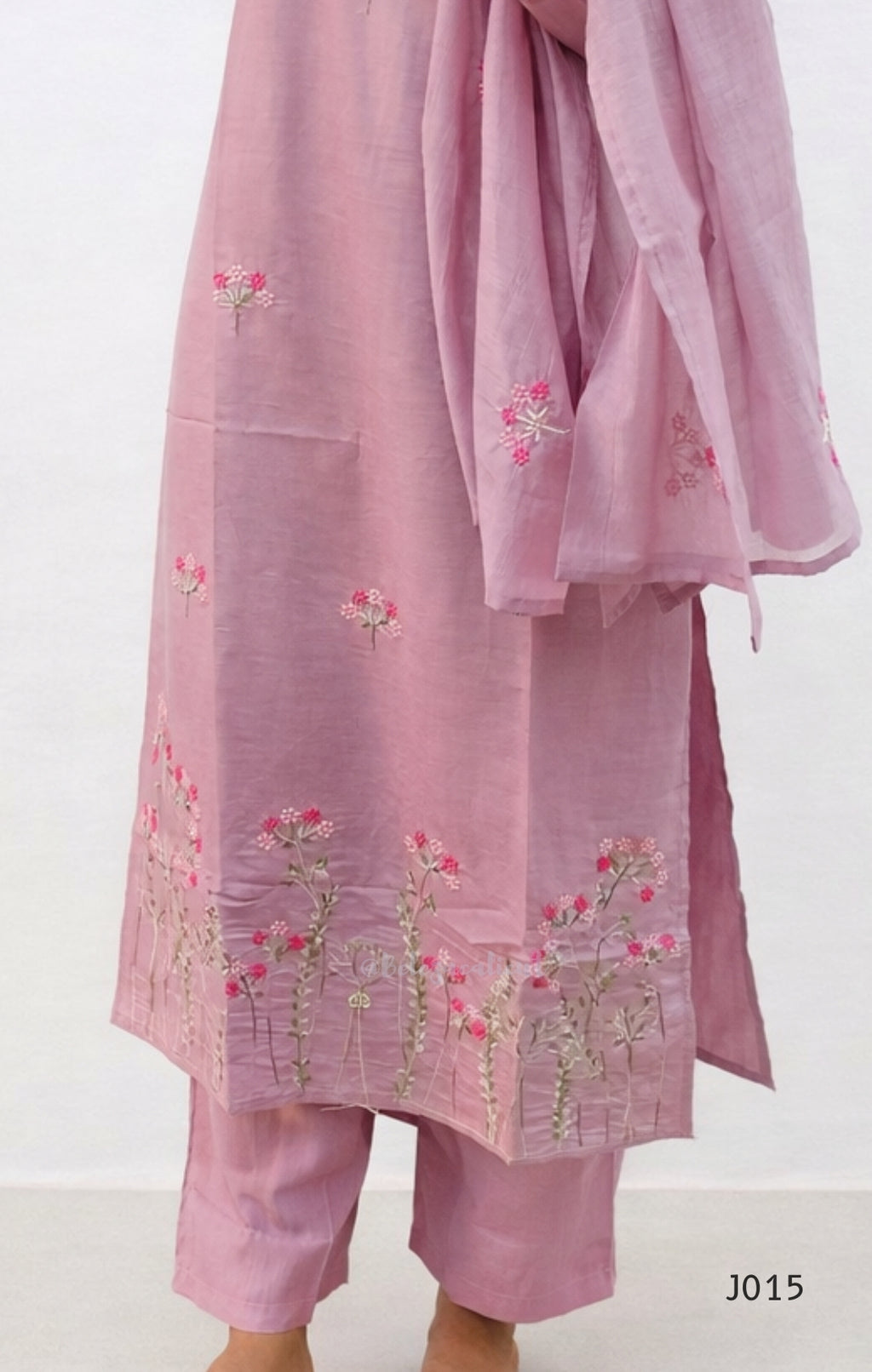 Pink embroidered traditional outfit with dupatta on a white background