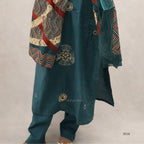 Teal traditional outfit with intricate patterns on a beige background