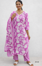 Woman wearing a pink and white patterned kurta with a matching dupatta on a white background