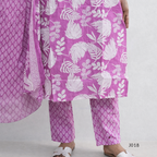 Purple outfit with white floral patterns on a plain background