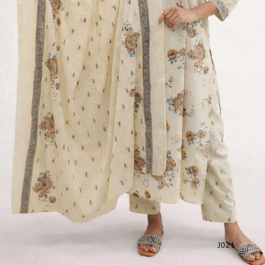 Beige floral outfit with matching dupatta on a white background