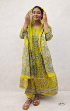Woman wearing a yellow traditional outfit with a matching dupatta on a white background