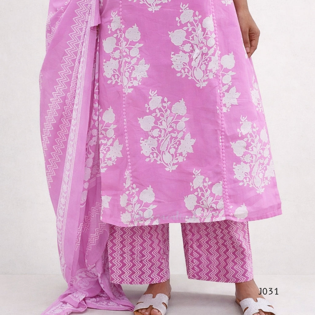 Pink traditional outfit with white floral patterns on a white background