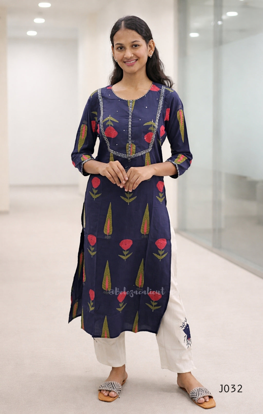 Navy Blue Cotton Kurti Set with Floral Print