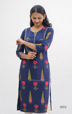 Navy Blue Cotton Kurti Set with Floral Print
