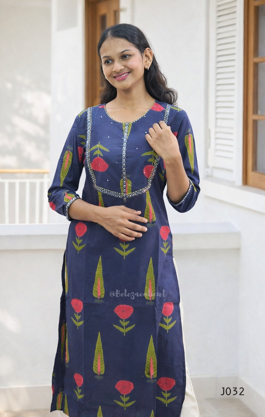 Navy Blue Cotton Kurti Set with Floral Print