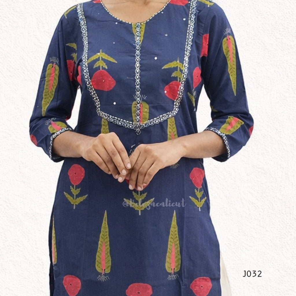 Navy Blue Cotton Kurti Set with Floral Print