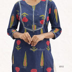 Navy Blue Cotton Kurti Set with Floral Print