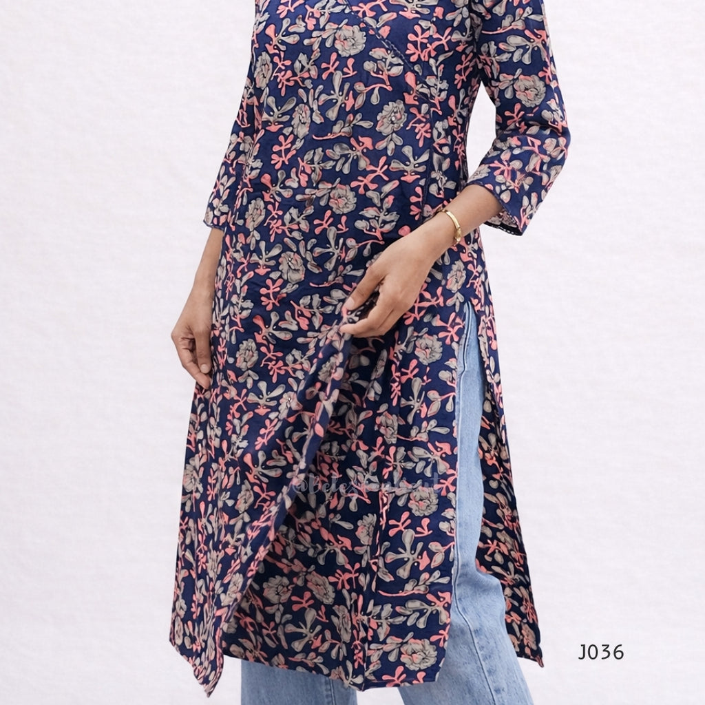 Navy floral patterned dress with a plain background