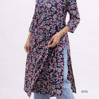 Navy floral patterned dress with a plain background