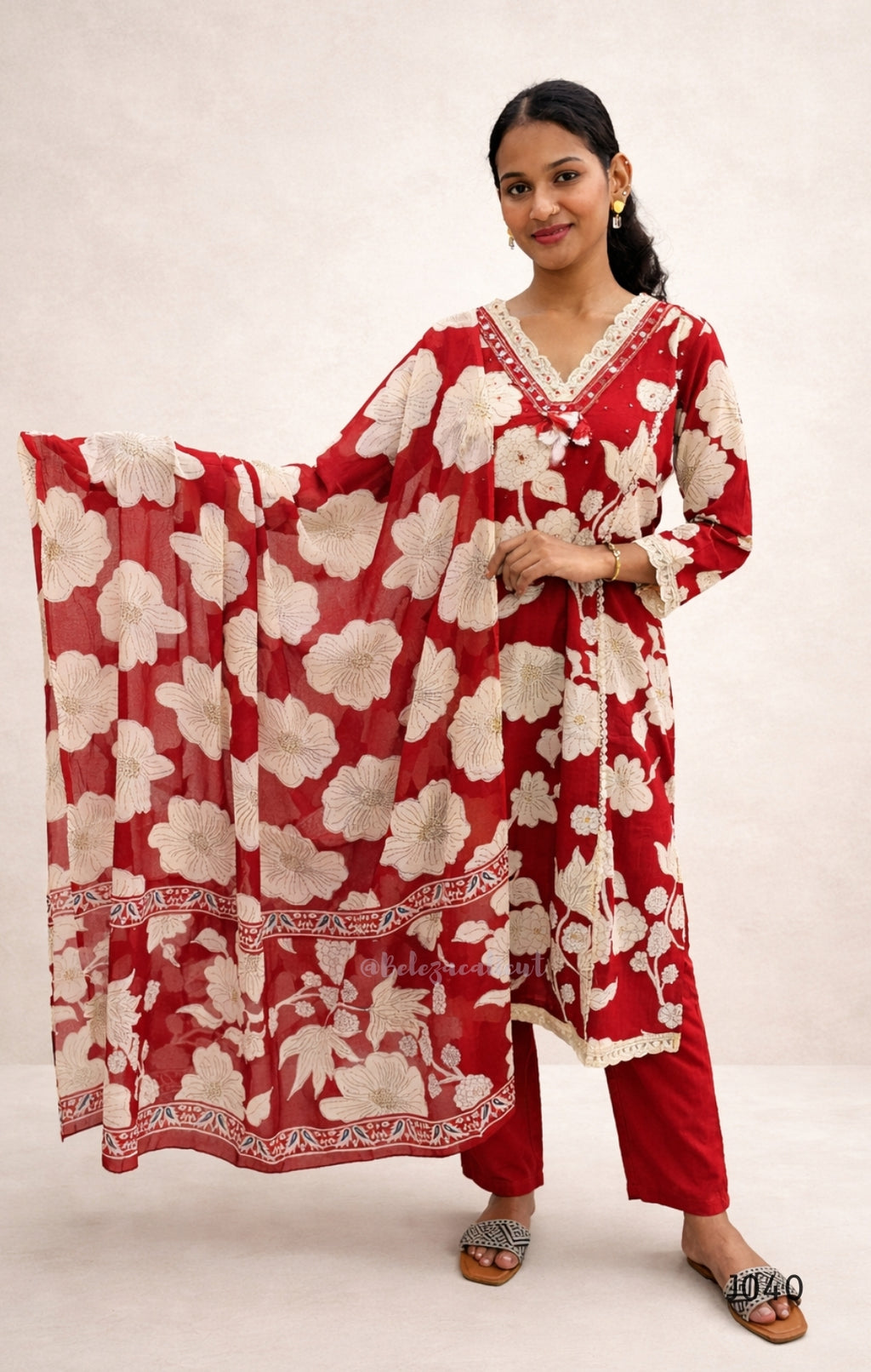 RedCottonPrintedKurtaSetwithDupatta