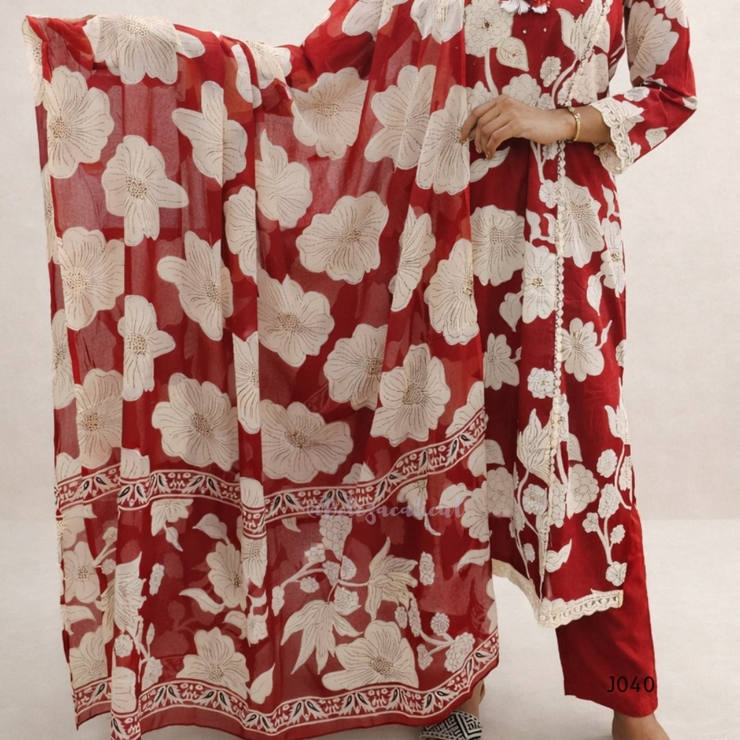 RedCottonPrintedKurtaSetwithDupatta