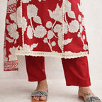 RedCottonPrintedKurtaSetwithDupatta