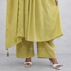 Yellow traditional outfit with a matching dupatta on a plain background