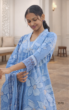 Woman wearing a blue floral dress in an indoor setting