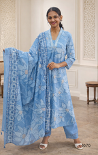 Woman wearing a blue floral outfit with a matching dupatta in an elegant room.