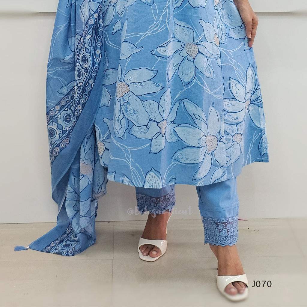 Blue floral outfit with matching scarf on a white background