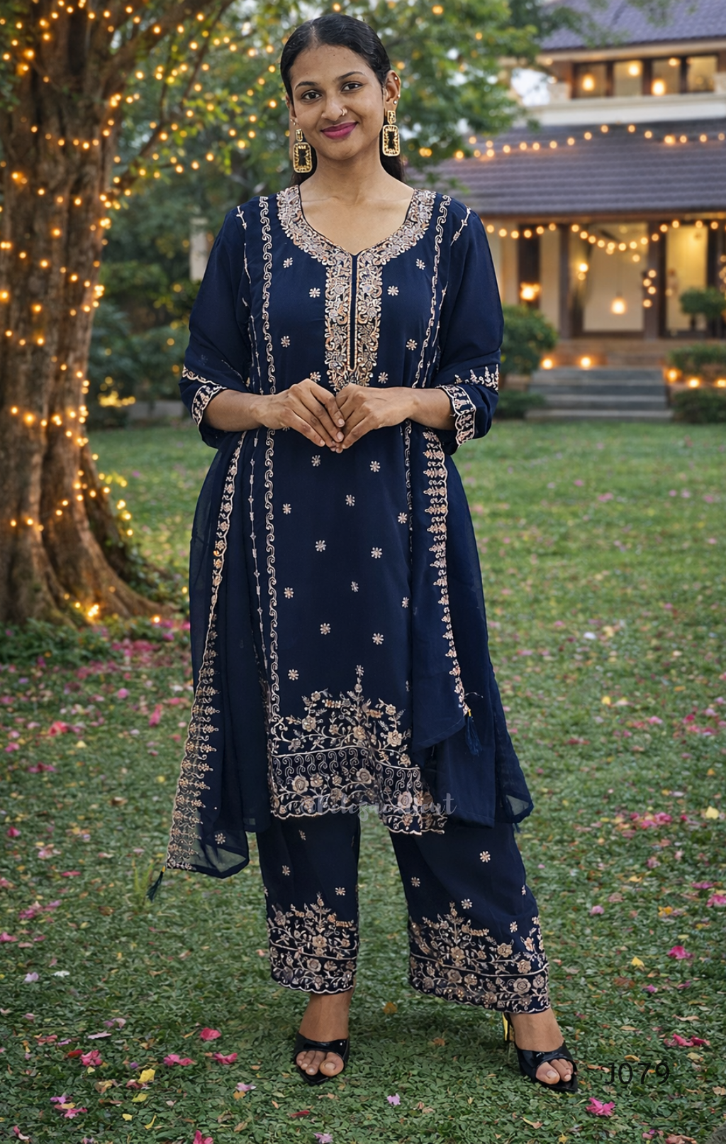 Woman in a navy blue traditional outfit standing in a garden with decorative lights.