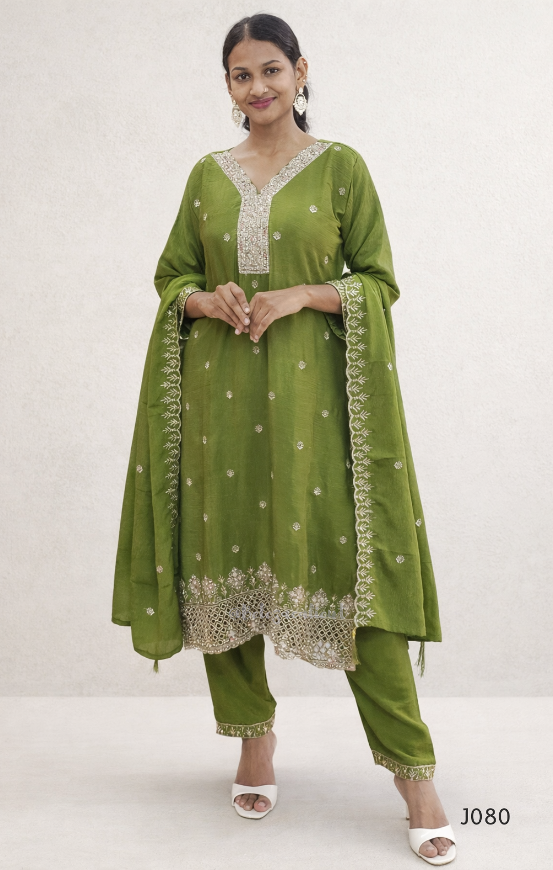 Chinon Silk Festive Churidar Set with Embroidered Hem