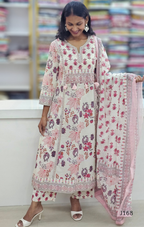 Woman wearing a floral dress with a matching dupatta in a store setting